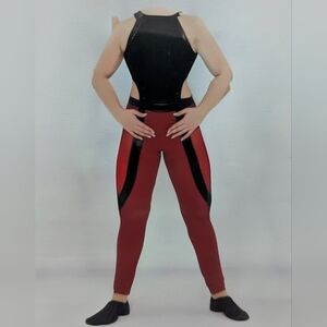 Dance Leggings And Leotard in Red with Black Panels